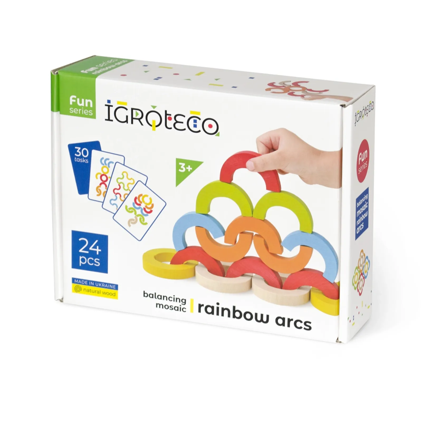 Drevené dúhové oblúky – krabica spredu s označením 3+, 24 dielikov, 30 úloh a nápisom rainbow arcs.