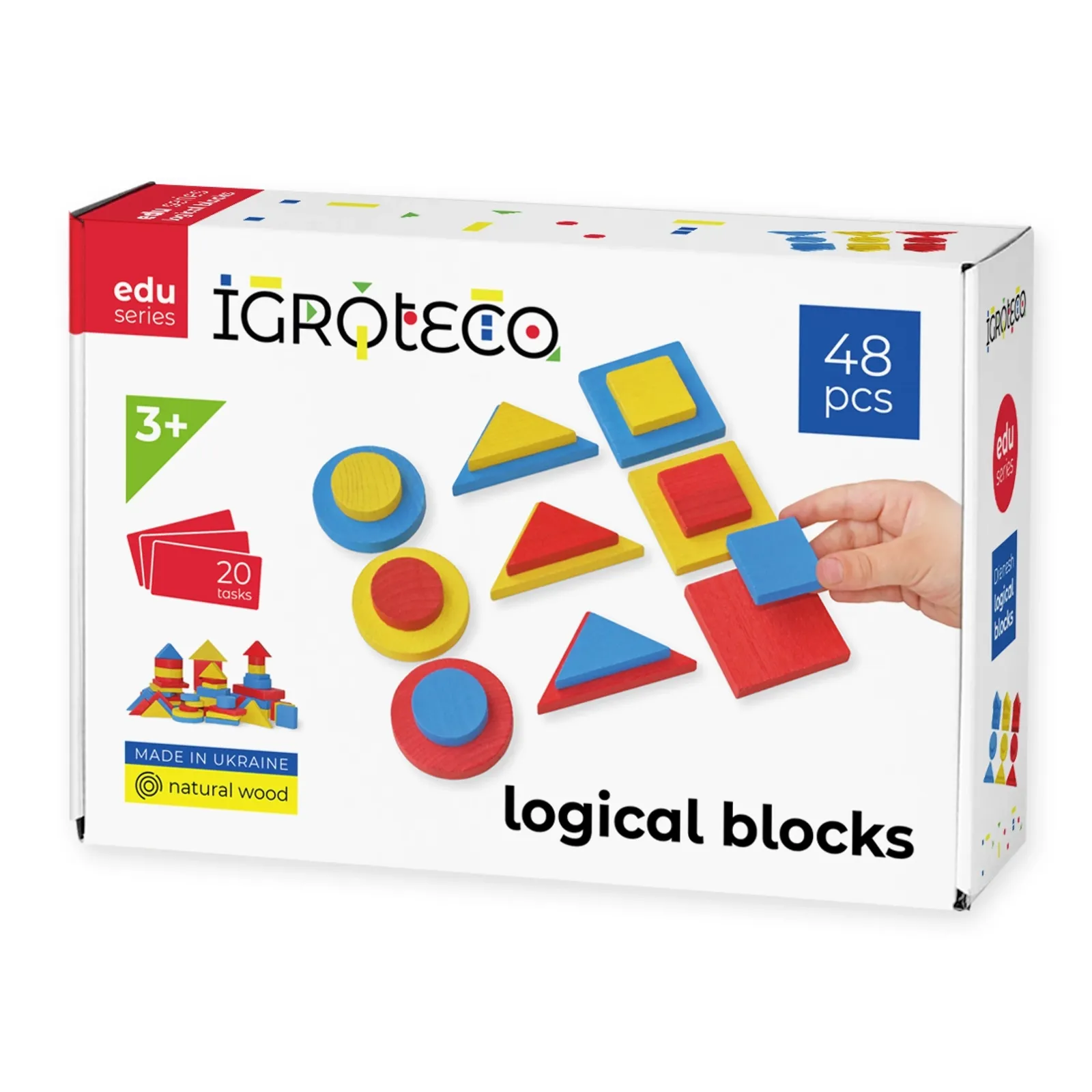 Drevené logické bloky Dienes – predná strana krabice IGROTECO edu series „logical blocks“ s údajmi 48 pcs, 20 tasks a vekom 3+.