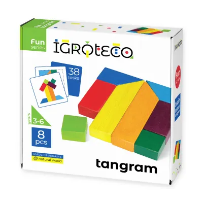Drewniany tangram dla dzieci – 8 elementów, 38 zadań, od 3 lat — przód opakowania