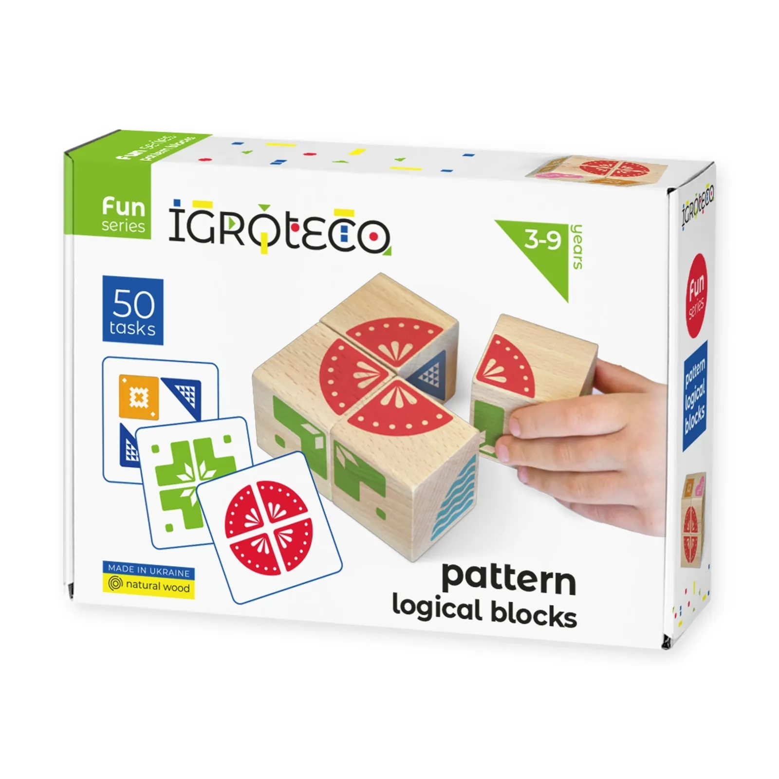 Drevené logické kocky – predná strana krabice IGROTECO pattern logical blocks s údajmi 50 tasks a vekom 3-9 years.