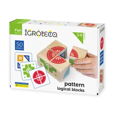 Drevené logické kocky – 4 kocky, 50 úloh, od 3 rokov — predná strana balenia