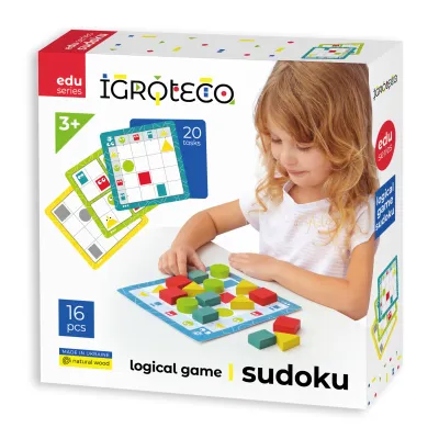 Drevené sudoku pre deti s tvarmi – 20 úloh, od 3 rokov — predná strana balenia