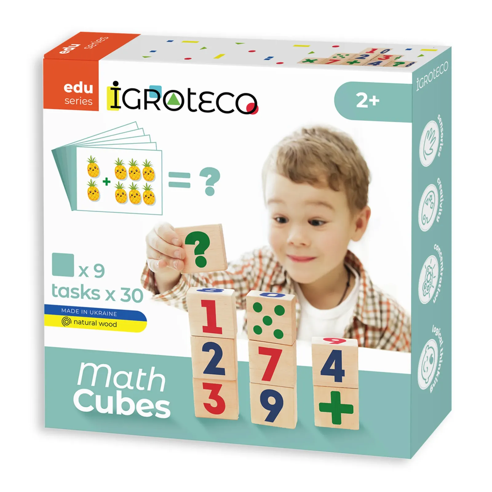Drevené matematické kocky – predná strana tyrkysovej krabice Igroteco edu series Math Cubes s označením 2+, textom x9 tasks x30 a fotkou chlapca s kockami.