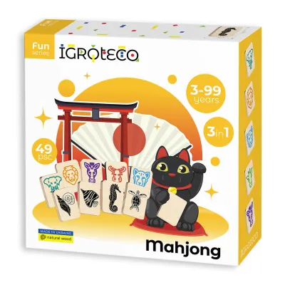 Mahjong 3 v 1 – drevená stolová hra pre deti od 3 rokov — predná strana balenia