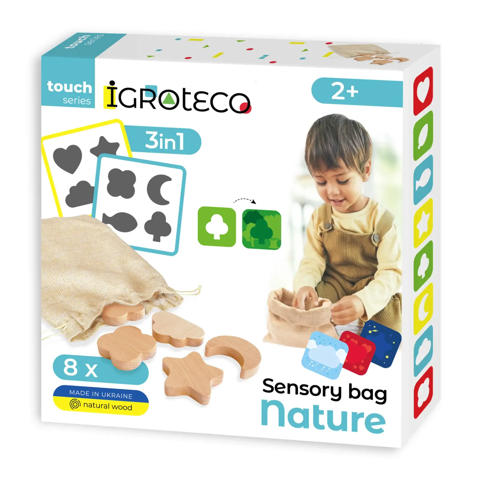 Senzorické vrecúško Príroda – predná strana krabice Igroteco touch series Sensory bag nature s označením 2+, popisom 3in1 a 8 x drevených tvarov.