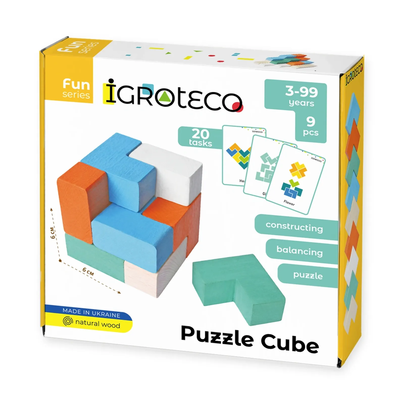 Puzzle kocka – predná strana krabice Puzzle Cube (IGROTECO, Fun series) na bielom pozadí s údajmi 3-99 years, 9 pcs, 20 tasks.