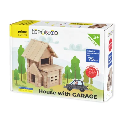 Holzbaukasten Haus mit Garage – 75 Teile, ab 5 Jahren — Vorderseite der Verpackung
