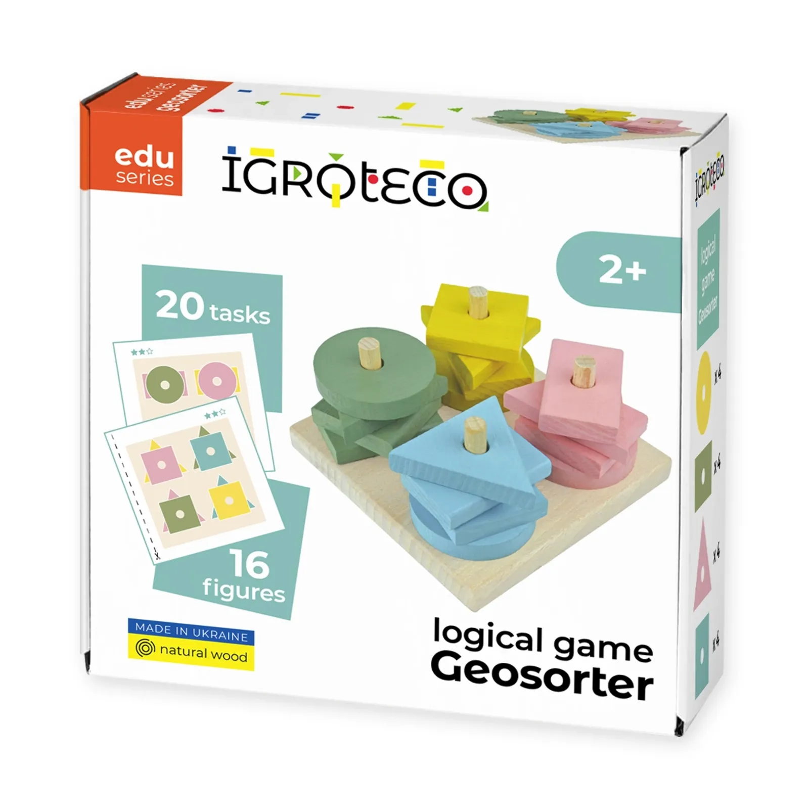 Drevený triedič tvarov – predná strana krabice IGROTECO edu series, logical game Geosorter, 20 tasks, 16 figures, vek 2+.