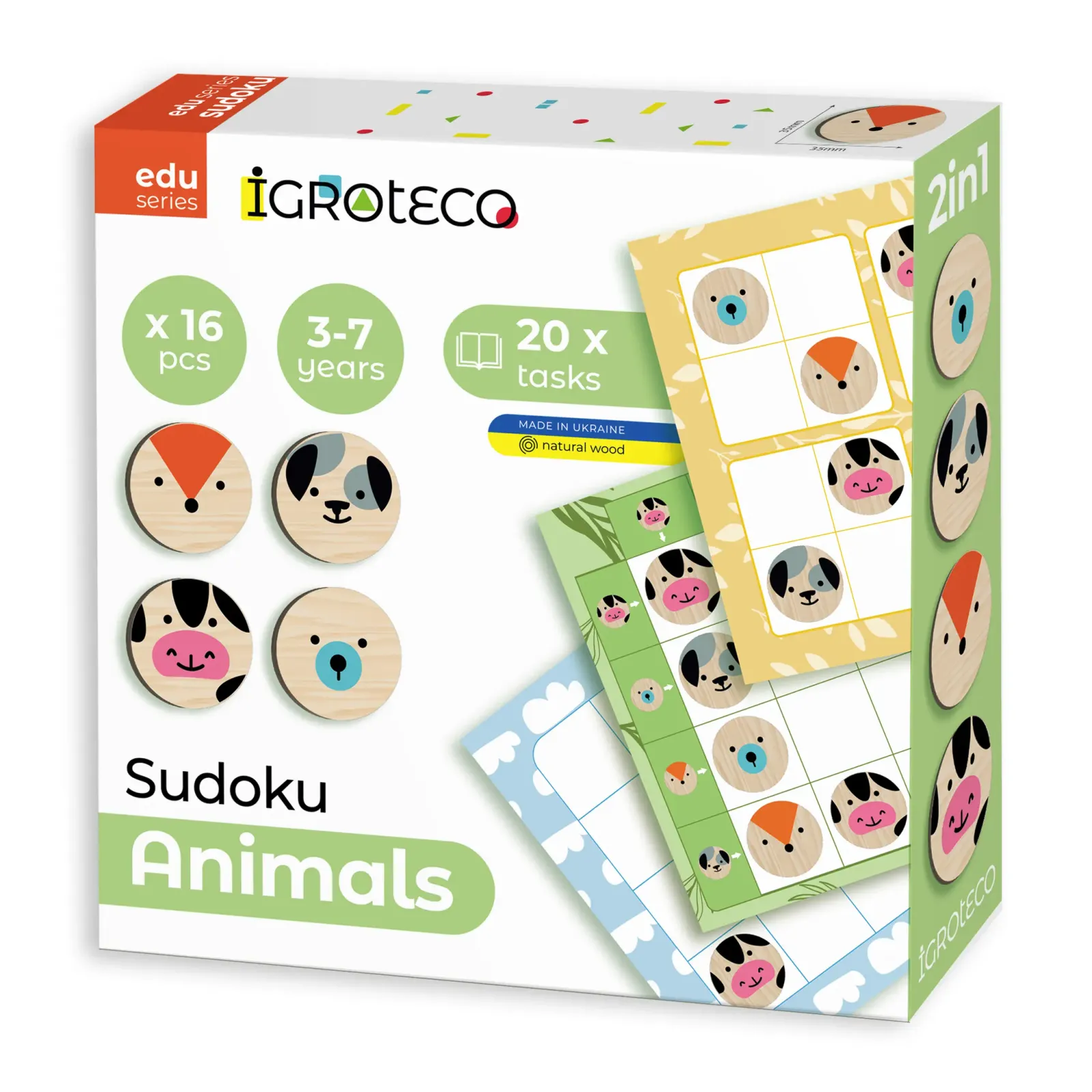 Drevené sudoku so zvieratkami – predná strana krabice Sudoku Animals (IGROTECO, edu series) na bielom pozadí s údajmi x16 pcs, 3-7 years, 20 x tasks, 2in1.